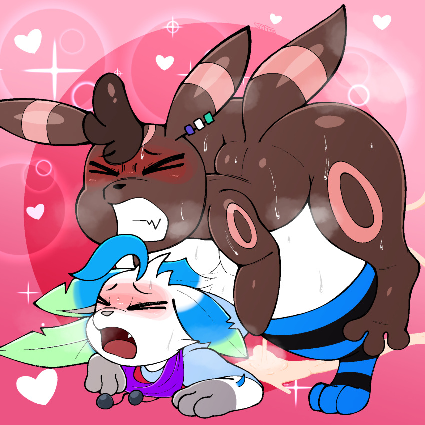 1:1 ambiguous_gender ambiguous_penetration blush bodily_fluids clothing cum cum_inside doggystyle ear_piercing eeveelution eyes_closed fan_character feral from_behind_position generation_2_pokemon generation_4_pokemon genital_fluids heart_symbol hi_res leafeon legwear looking_pleasured male male_(lore) nintendo open_mouth orgasm penetration piercing pokemon pokemon_(species) puff_(softestpuffss) scarf sex softestpuffss sweat thigh_highs umbreon