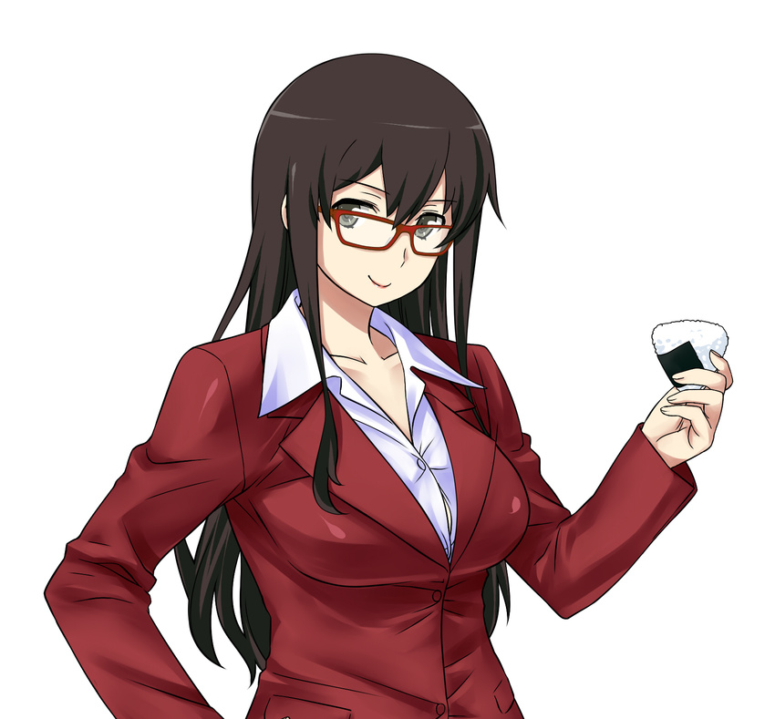 akagi_(kantai_collection) alternate_costume bespectacled black_eyes breasts brown_hair food formal glasses highres kantai_collection large_breasts lipstick long_hair looking_at_viewer makeup md5_mismatch office_lady onigiri red-framed_eyewear shoumaru_(gadget_box) simple_background solo standing upper_body white_background