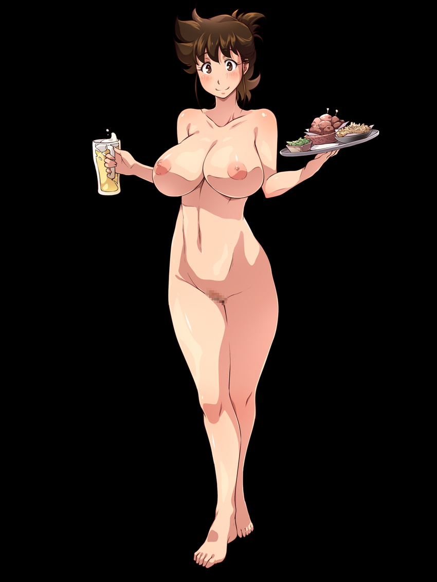 1girl ajiyoshi_noriko alcohol areolae barefoot beer black_background blush breasts brown_eyes brown_hair censored cup feet food full_body highres huge_breasts legs looking_at_viewer milf mister_ajikko mosaic_censoring navel nightmare_express nipples nude onigiri_(ocelot) pussy short_hair simple_background smile solo standing thighs toes tray