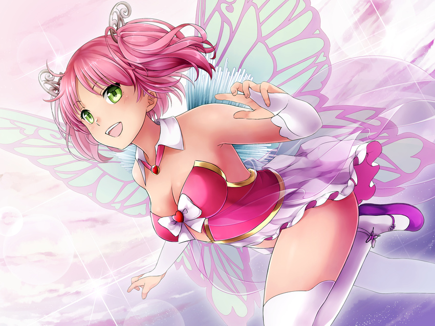 :d bare_shoulders breasts bridal_gauntlets butterfly_ornament cleavage detached_collar dutch_angle fairy fairy_wings flying game_cg green_eyes hair_ornament highres huniepop kyu_sugardust medium_breasts ninamo non-web_source open_mouth pink_hair purple_footwear shoes short_twintails showgirl_skirt sky smile solo thighhighs twintails watermark white_legwear wings