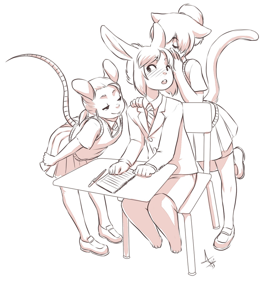 2015 aogami cat chair clothed clothing cub feline female footwear group hair hi_res lagomorph loli male mammal monochrome mouse necktie plain_background rabbit rodent schoolboy schoolgirl shoes shota whispering young