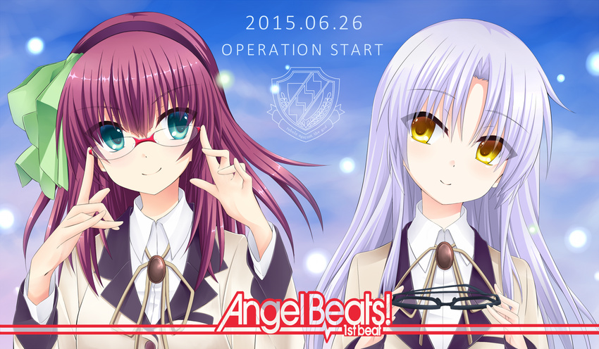 angel_beats! bespectacled blazer glasses green_eyes hairband highres jacket long_hair multiple_girls nekoa purple_hair school_uniform silver_hair tenshi_(angel_beats!) yellow_eyes yuri_(angel_beats!)