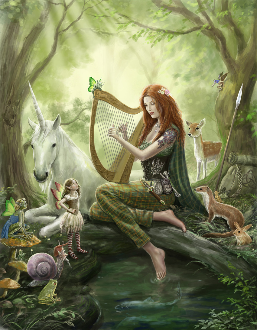 1girl animal bag barefoot cape capri_pants coin_purse corset dagger dashinvaine deer facial_mark fairy fantasy feet forehead_mark forest frog harp highres instrument jewelry long_hair medieval mushroom nature original pants plaid plaid_pants polearm red_hair ring satchel shirt sleeveless sleeveless_shirt snail soaking_feet spear tattoo unicorn water wavy_hair weapon weasel