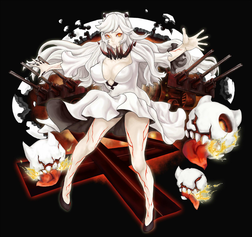 bad_id bad_pixiv_id breasts cannon cleavage dress horns jirusu kantai_collection large_breasts long_hair looking_at_viewer midway_hime pale_skin shinkaisei-kan smile solo veins white_dress white_hair white_skin yellow_eyes