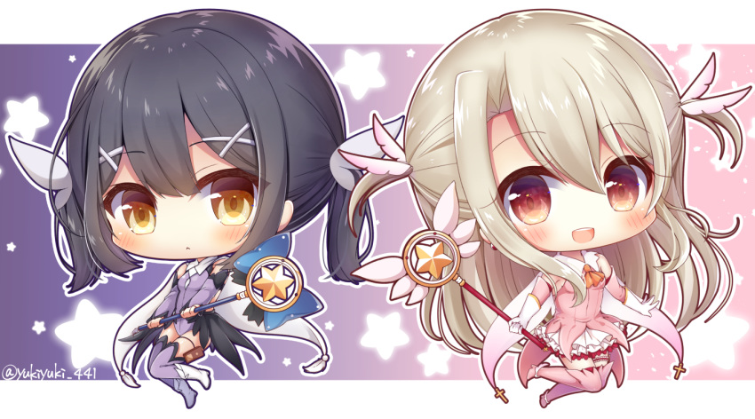 2girls bangs big_head black_hair boots brown_eyes chibi commentary_request detached_sleeves eyebrows_visible_through_hair fate/kaleid_liner_prisma_illya fate_(series) feathers hair_between_eyes hair_feathers hair_ornament holding holding_wand illyasviel_von_einzbern kaleidostick leotard light_brown_hair long_hair long_sleeves magical_ruby magical_sapphire miyu_edelfelt multiple_girls pink_feathers pink_footwear pink_legwear pink_shirt pink_sleeves pleated_skirt prisma_illya purple_legwear purple_leotard purple_sleeves shirt skirt sleeveless sleeveless_shirt star thigh_boots thighhighs twintails twitter_username very_long_hair wand white_footwear white_skirt x_hair_ornament yukiyuki_441