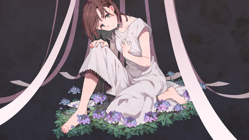 barefoot black_eyes brown_hair commentary_request dress flower hand_on_own_chest highres looking_at_viewer original short_hair simple_background sitting solo sonomura white_dress