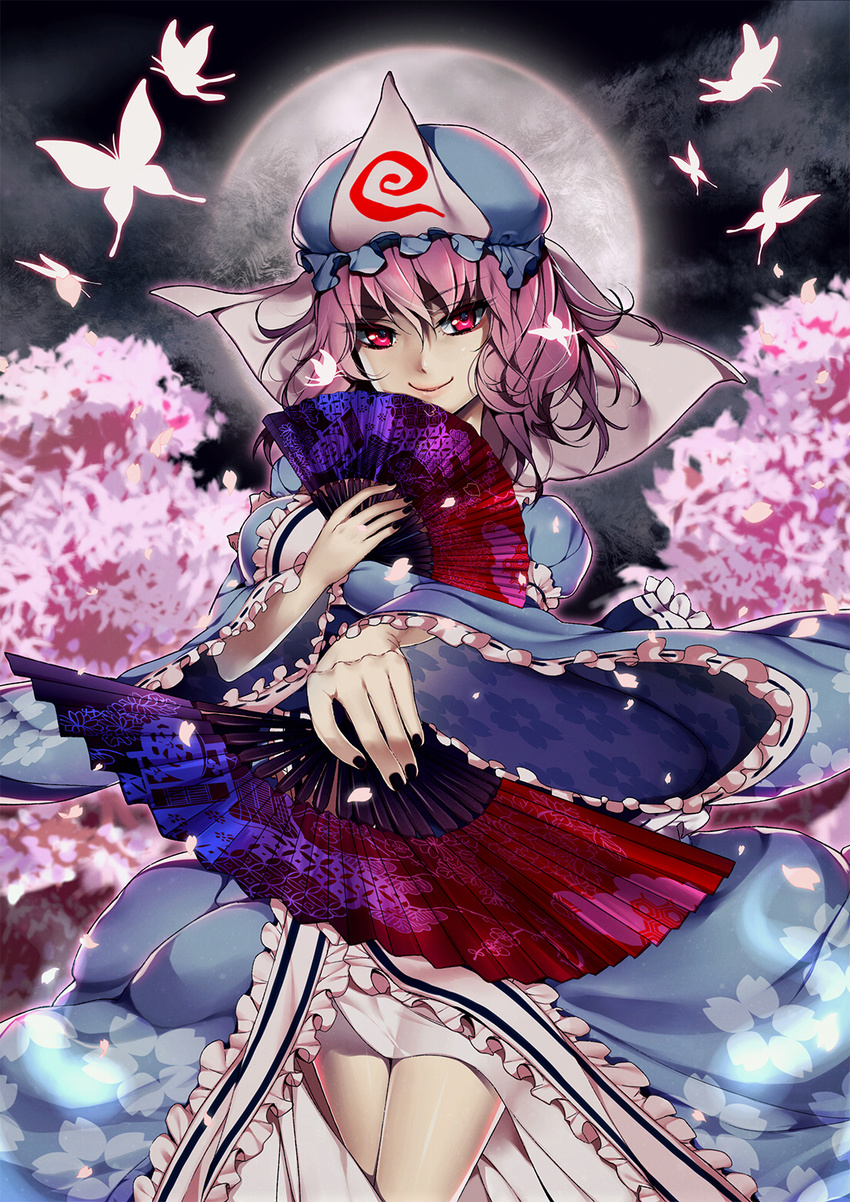 black_nails bug butterfly cherry_blossoms fan full_moon hat highres insect japanese_clothes looking_at_viewer moon nail_polish purple_hair rakkou red_eyes saigyouji_yuyuko short_hair smile solo touhou