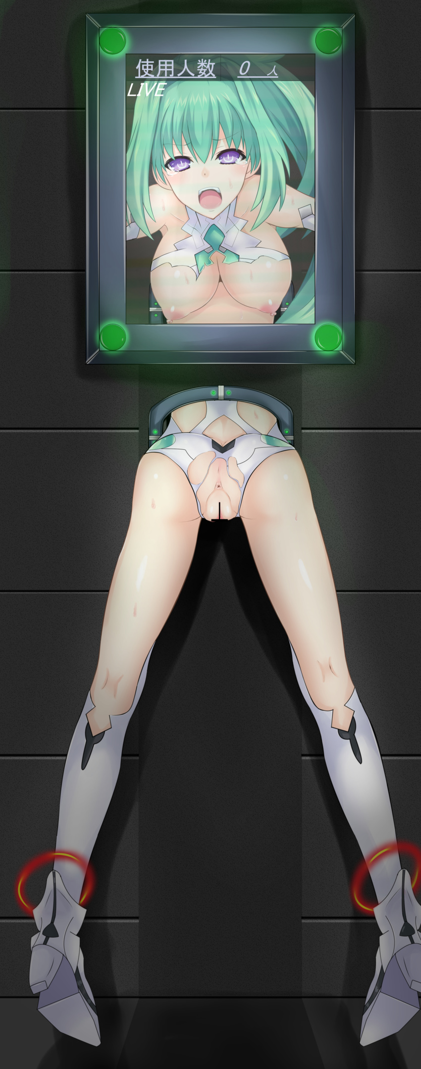 absurdres anus ass bdsm blush bondage bound breasts censored glory_wall green_hair green_heart highres large_breasts long_hair looking_at_viewer neptune_(series) nipples open_mouth power_symbol public_use purple_eyes restrained screen skin_tight solo stationary_restraints tears thighhighs through_wall torn_clothes vesperia