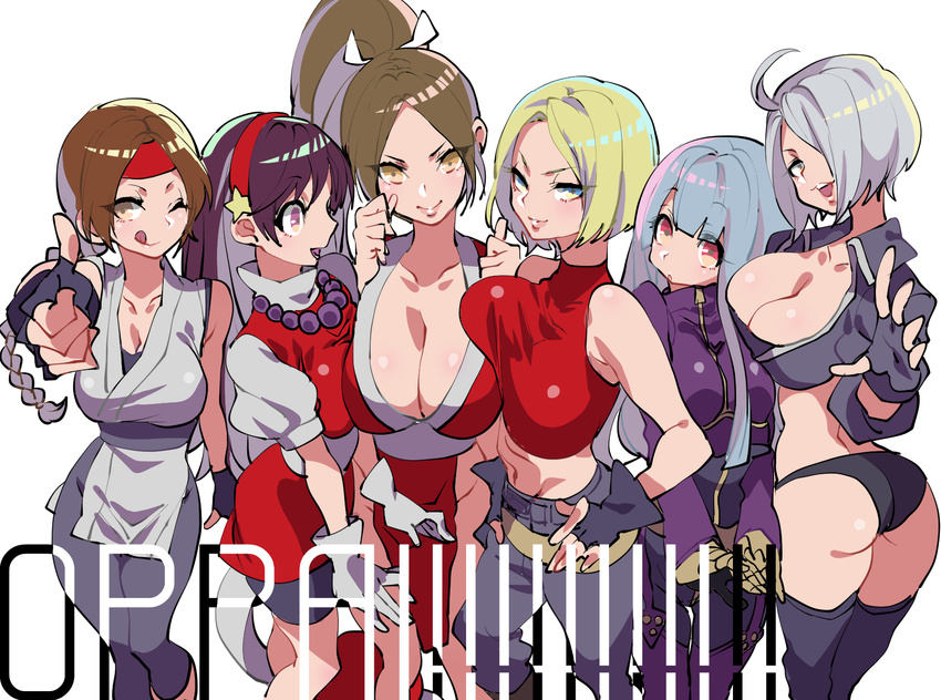 :d ;) ahoge angel_(kof) asamiya_athena ass bad_id bad_pixiv_id belt black_gloves black_legwear blonde_hair blue_eyes blue_hair blue_mary braid breast_press breasts brown_eyes brown_hair cleavage collarbone fatal_fury fingerless_gloves gloves groin hair_over_one_eye hair_ribbon hairband headband highres hohehohe japanese_clothes jewelry kula_diamond large_breasts long_hair looking_at_viewer midriff multiple_girls navel necklace no_panties one_eye_closed open_mouth pelvic_curtain ponytail psycho_soldier purple_eyes red_eyes red_hairband revealing_clothes ribbon ryuuko_no_ken shiranui_mai short_hair silver_hair simple_background sleeveless smile symmetrical_docking teeth the_king_of_fighters thighhighs thumbs_up tongue tongue_out white_background white_gloves yuri_sakazaki