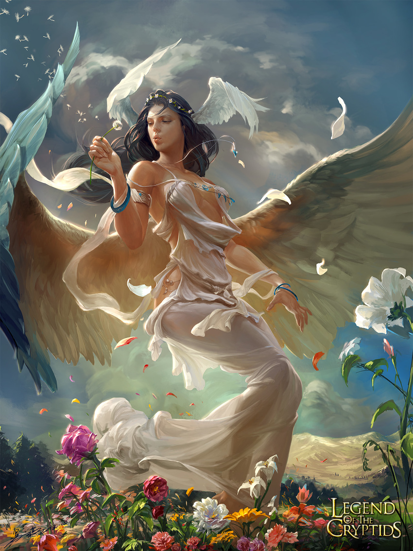 armlet bare_shoulders barefoot black_hair blowing bracelet breasts cloud copyright_name crowgod dandelion dress feathered_wings flower head_wings head_wreath highres hips jewelry legend_of_the_cryptids long_hair medium_breasts mountain necklace petals solo white_dress wings