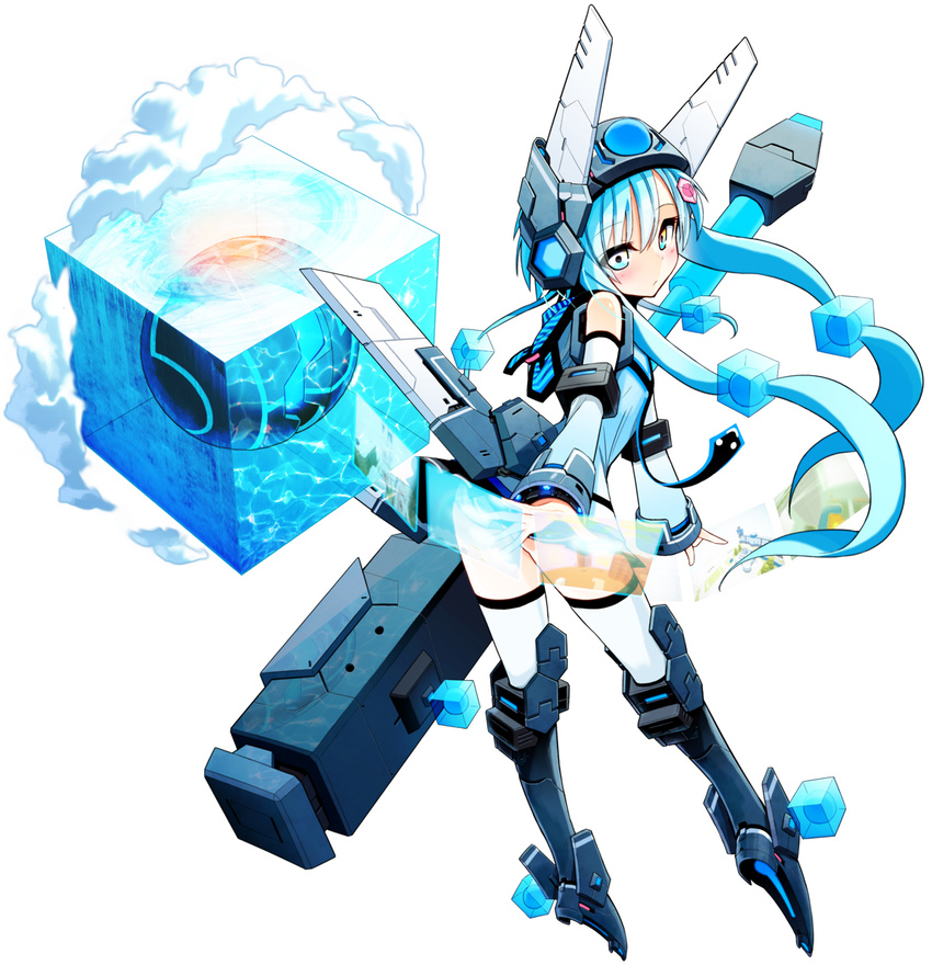 asphe ball blue_hair cloud cosmic_break cove cube desert flat_chest floating floating_object floating_screen gate hair_bobbles hair_ornament headgear highres holographic_interface hood hoodie long_hair mecha_musume multicolored multicolored_eyes necktie official_art pleated_skirt ruins simple_background skirt sphere wakaba wall water weather white_background