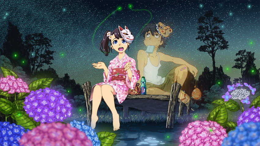 1girl bag bandaid bandaid_on_knee bangs barefoot black_eyes black_hair blue_eyes bottle crying crying_with_eyes_open fireflies flower food food_in_mouth foot_dangle fox_mask ghost grass hair_flower hair_ornament highres hydrangea hyottoko_mask japanese_clothes junkparts kimono knees_together_feet_apart light_trail long_hair looking_up mask mask_on_head mouth_hold nature night night_sky no_socks obi original pier pond popsicle ramune sandals sash shirt short_hair shorts side_ponytail sitting sky smile star_(sky) starry_sky summer tank_top tears tree water water_yoyo white_shirt yukata