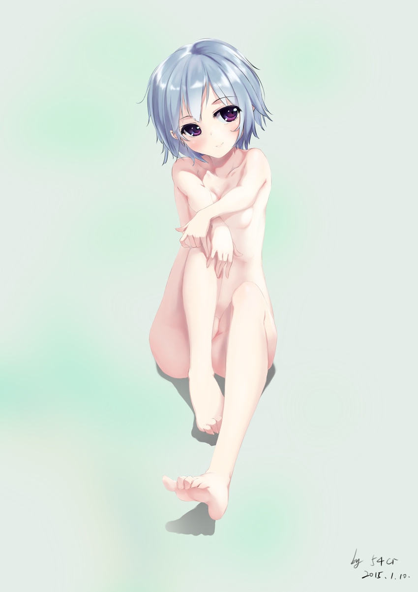 54cr absurdres barefoot blue_hair breasts cleavage feet highres legs navel nude original purple_eyes shadow short_hair sitting small_breasts smile soles solo toe-point toe_scrunch toes