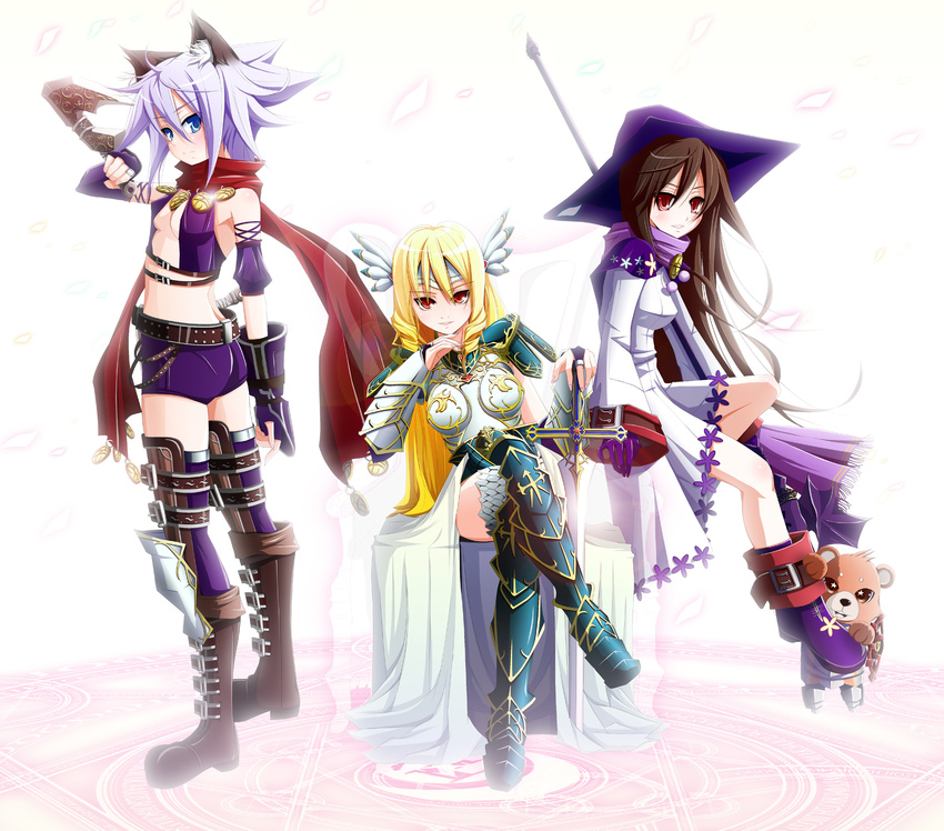 armor blonde_hair blue_eyes boots brown_hair crossed_legs elbow_gloves fantasy_earth_zero fingerless_gloves gloves hat highres mana_(blade_of_mana) multiple_girls purple_hair red_eyes scarf shorts sitting sword thigh_boots thighhighs weapon