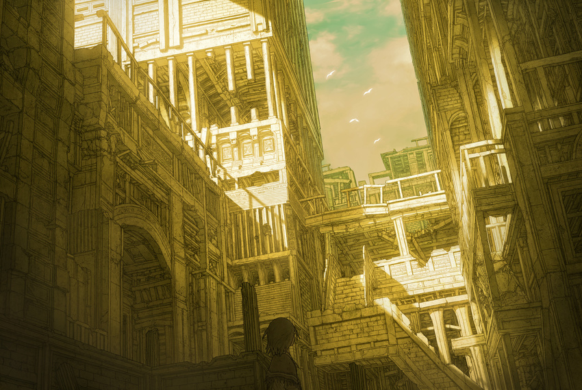 bad_id bad_pixiv_id bird cityscape highres original ruins scenery shade sky solo sumashi sunlight