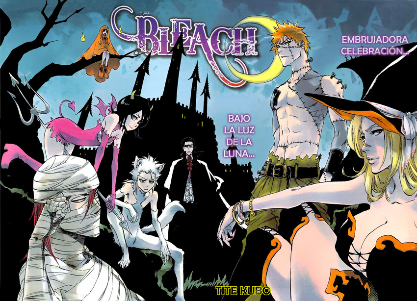 4boys abarai_renji abs animal_ears bandages bat_wings belt black_hair black_legwear bleach blonde_hair blue_eyes boots bracelet breasts castle cleavage crossed_legs demon_girl elbow_gloves english flat_chest flying frankenstein glasses gloves halloween hard_translated hat high_heels hitsugaya_toushirou huge_breasts in_tree inoue_orihime ishida_uryuu jewelry kubo_taito kuchiki_rukia kurosaki_ichigo large_breasts matsumoto_rangiku moon multiple_boys multiple_girls mummy orange_eyes orange_hair polearm red_eyes red_hair scar shirtless shoes sitting sitting_in_tree spanish spiked_hair succubus tail thighhighs translated tree trident vampire weapon werewolf white_hair wings witch_hat