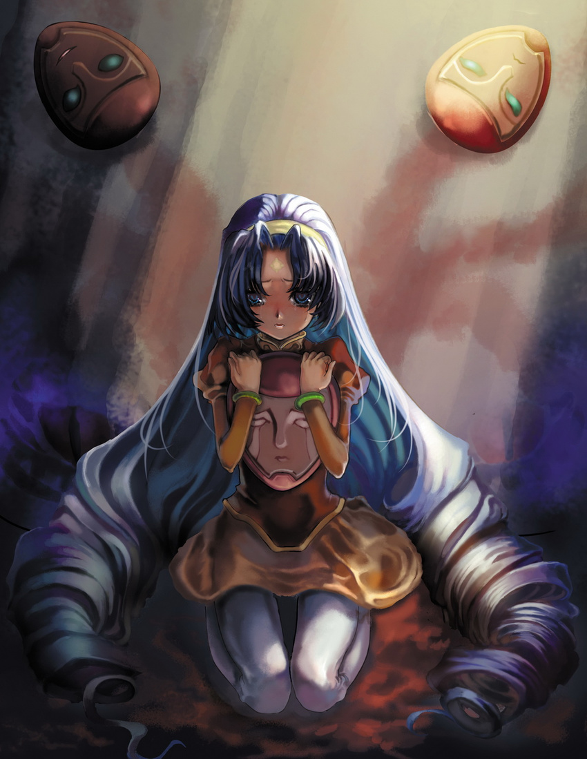 blue_eyes blue_hair despinis drill_hair hairband highres long_hair mask sitting solo st.microscope super_robot_wars super_robot_wars_reversal
