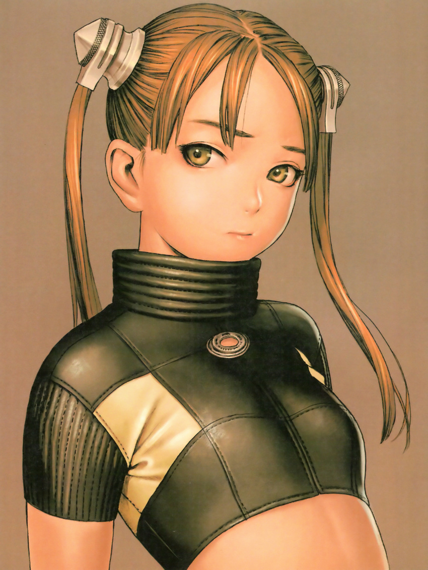 absurdres bangs border breasts brown_background brown_eyes brown_hair closed_mouth crop_top flat_chest frown furrowed_eyebrows green_eyes hair_ornament highres leather long_hair murata_renji ribbed_sleeves short_sleeves sideways_glance simple_background small_breasts solo stitches twintails upper_body