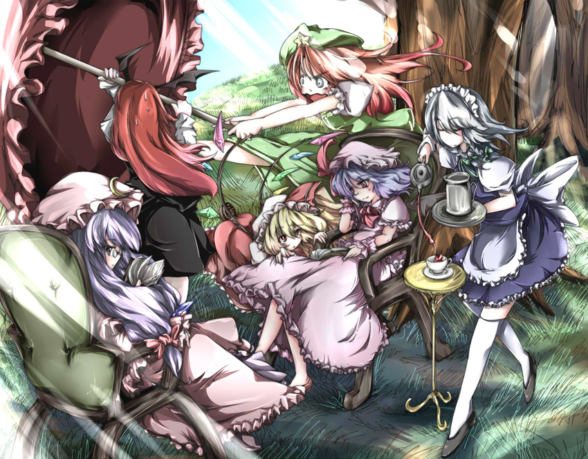bat_wings blonde_hair blue_eyes book braid china_dress chinese_clothes decantering dress flandre_scarlet hat head_wings hong_meiling izayoi_sakuya koakuma long_hair maid multiple_girls nikke_(cherish) one_side_up patchouli_knowledge ponytail pouring purple_eyes purple_hair red_eyes red_hair remilia_scarlet short_hair silver_hair the_embodiment_of_scarlet_devil thighhighs touhou twin_braids wind wings