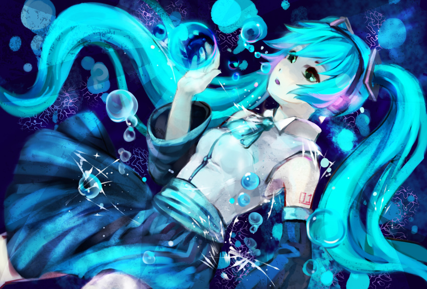 aqua_eyes bubble detached_sleeves green_eyes hatsune_miku long_hair sankusa skirt solo twintails underwater vocaloid