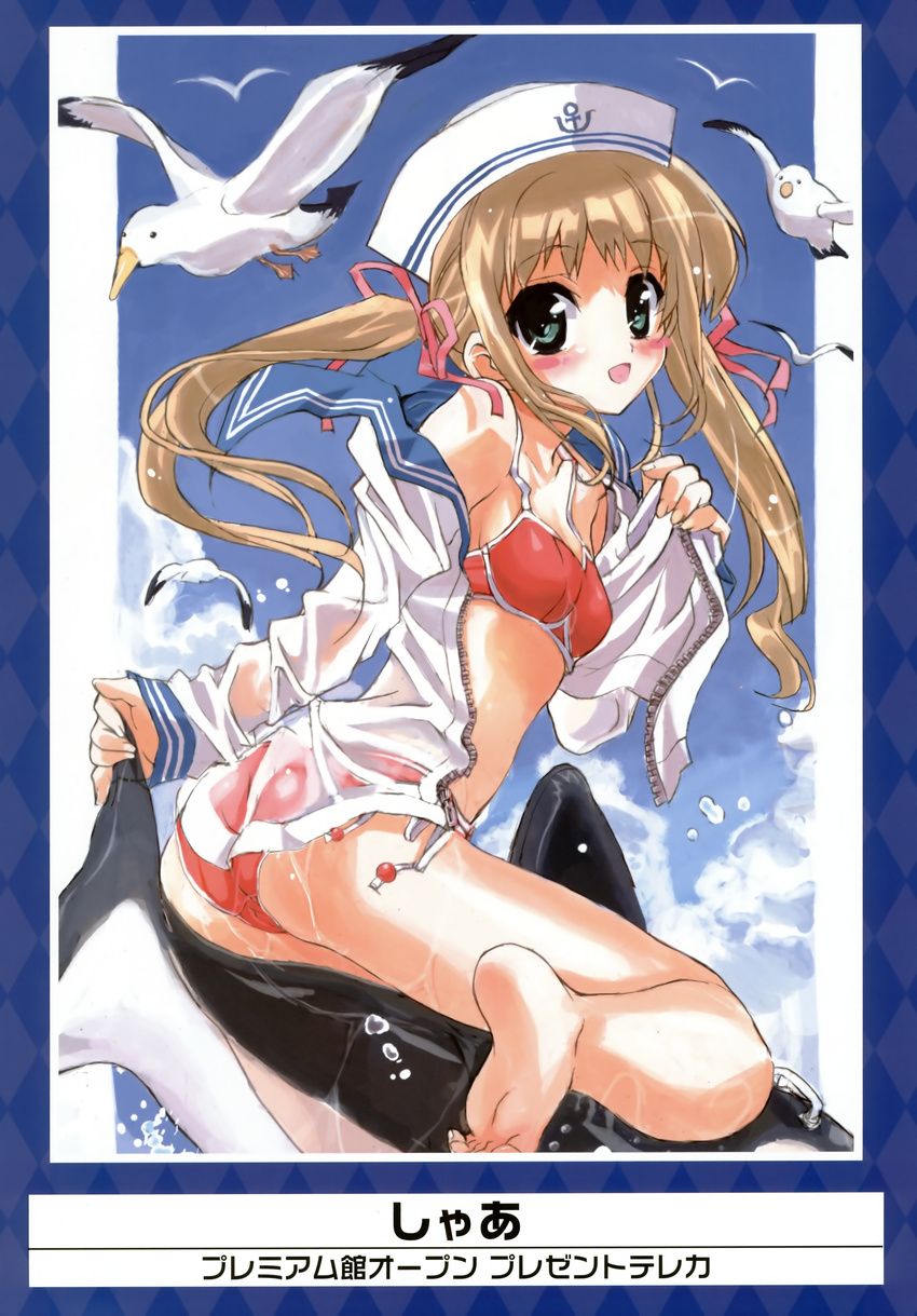 absurdres barefoot bikini bird blonde_hair copyright_request dolphin feet green_eyes hat highres long_hair school_uniform seagull see-through serafuku shaa soles solo swimsuit twintails wet