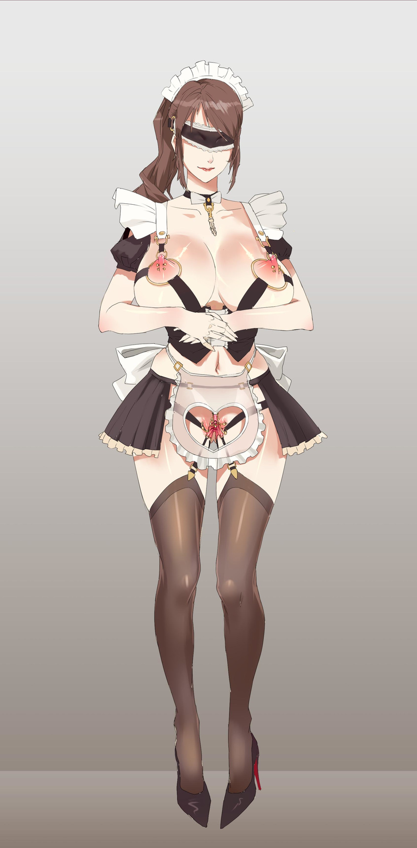 absurdres apron bad_id bad_pixiv_id bdsm blindfold breasts brown_hair clitoris clitoris_piercing collar dilation_belt gigantic_breasts heart_cutout highres jm_(729302585) labia_piercing long_hair maid maid_headdress nipple_piercing nipples original piercing ponytail pussy solo spread_pussy thighhighs uncensored