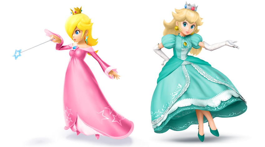 2girls alternate_color blonde_hair blue_eyes crown elbow_gloves gloves high_heels lips multiple_girls nail_polish nintendo official_art palette_swap photoshop princess_peach rosalina_(mario) rosetta_(mario) simple_background super_mario_bros. super_mario_galaxy super_smash_bros. wand