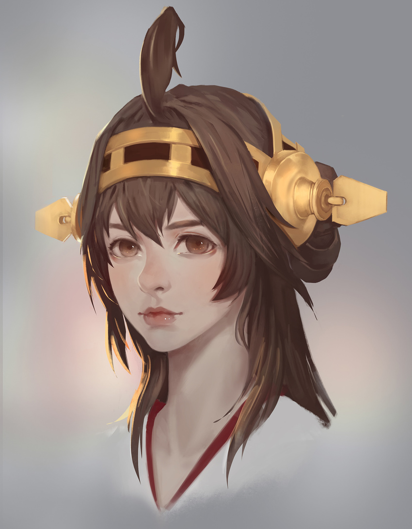 ahoge backlighting bad_id bad_pixiv_id brown_eyes brown_hair chou_xxx double_bun grey_background hairband headgear highres kantai_collection kongou_(kantai_collection) lips lipstick long_hair looking_at_viewer makeup nontraditional_miko nose portrait realistic solo