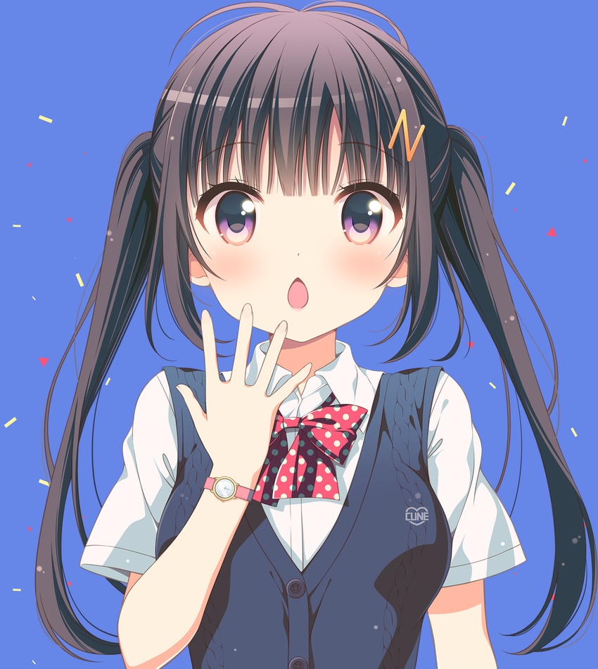 aran_sweater black_hair blue_background blush bow cardigan_vest chestnut_mouth dress_shirt hair_ornament hairpin highres long_hair march-bunny open_mouth polka_dot polka_dot_bow purple_eyes ribbon school_uniform shirt solo surprised sweater twintails watch wristwatch