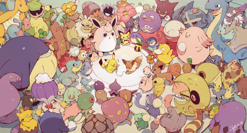 absolutely_everyone bellsprout bird bonsly bulbasaur chansey character_request charmander clefairy combee crab creatures_(company) croconaw dedenne diglett dragonite dratini drowzee ducklett dwebble eevee ekans electrode everyone exeggcute fish floating furret game_boy game_console game_freak gastly gen_1_pokemon gen_2_pokemon gen_3_pokemon gen_4_pokemon gen_5_pokemon gen_6_pokemon gen_7_pokemon gengar geodude handheld_game_console highres hippopotas horsea igglybuff jigglypuff kakuna koffing krabby lapras link_cable lunatone luvdisc machoke magikarp magnemite manectric marill metagross munchlax nintendo no_humans oddish open_mouth orushibu owl parasect phanpy pichu pikachu piloswine piplup playing_games pokemon pokemon_(creature) poliwag poliwrath psyduck purugly rowlet slaking slowpoke smile snake snubbull spheal spoink sudowoodo sunkern tangela togepi trubbish venonat victreebel video_game vileplume voltorb vulpix wailmer watching weedle whale whismur wigglytuff wobbuffet