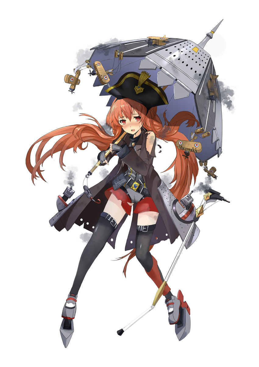 absurdres aircraft airplane argus_(zhan_jian_shao_nyu) biplane blush feirla highres hms_argus_(i49) long_hair official_art red_hair rigging solo thighhighs torn_clothes umbrella weapon zhan_jian_shao_nyu