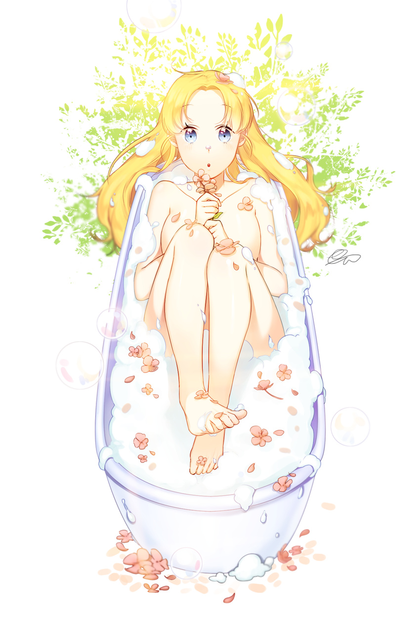 :o barefoot bath bathing bathtub blonde_hair blue_eyes blush bubble bubble_bath flower from_above full_body gradient highres holding holding_flower legs legs_up long_hair looking_at_viewer no_nipples nude open_mouth original partially_submerged petals signature soap_bubbles solo surprised white_background