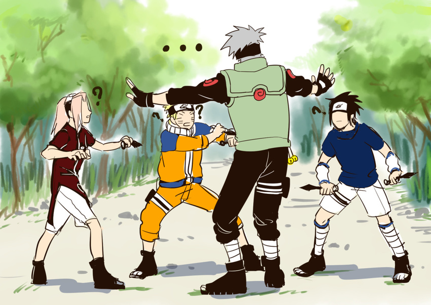 1girl 3boys ? bell bells black_hair blonde_hair dual_wielding fingerless_gloves forehead_protector gloves grey_hair harububa haruno_sakura hatake_kakashi jurassic_park jurassic_world konohagakure_symbol kunai meme multiple_boys naruto open_toe_shoes outdoors outstretched_arms parody pink_hair shoes short_hair sketch spiked_hair uchiha_sasuke uzumaki_naruto weapon