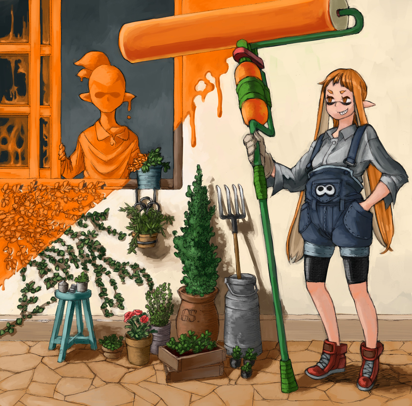 1girl bike_shorts boots domino_mask flower gloves grin hand_in_pocket highres inkling long_sleeves mask ohige orange_eyes orange_hair overalls paint_roller paint_splatter painted pitchfork plant pointy_ears ponytail potted_plant smile splat_roller_(splatoon) splatoon_(series) splatoon_1 tentacle_hair window