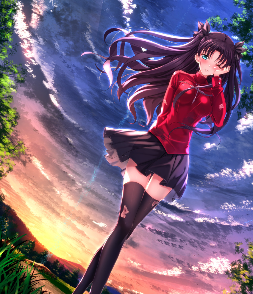 aqua_eyes black_legwear blush breasts brown_hair cloud crying fate/stay_night fate_(series) grass hair_ribbon highres long_hair long_legs long_sleeves medium_breasts ribbon skirt sky solo sunrise swordsouls tears thighhighs toosaka_rin torn_clothes torn_legwear tree two_side_up wiping_tears