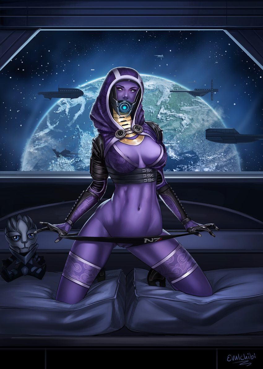 alien bra breasts clothed clothing evulchibi female garrus_vakarian helmet hood humanoid looking_at_viewer mask mass_effect navel nipple_slip nipples not_furry panties panties_aside plushie pose purple_nipples purple_skin pussy quarian skimpy solo space star tali'zorah_nar_rayya underwear video_games white_eyes wide_hips