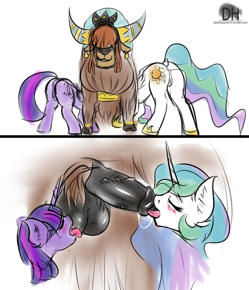 2015 anus blush bovine butt cutie_mark darkhazard equine eyes_closed female friendship_is_magic group hair hi_res horn long_hair male male/female mammal multicolored_hair my_little_pony oral penis princess_celestia_(mlp) pussy sex tongue tongue_out twilight_sparkle_(mlp) vein winged_unicorn wings yak