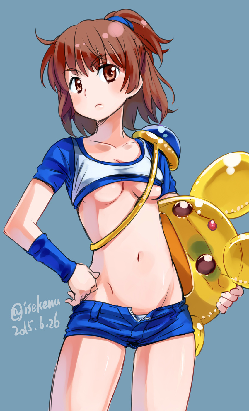 absurdres arle_nadja breasts brown_eyes brown_hair carbuncle_(puyopuyo) cowboy_shot dated highres holding isedaichi_ken madou_monogatari midriff navel ponytail puyopuyo short_hair short_shorts shorts small_breasts solo twitter_username underboob unzipped