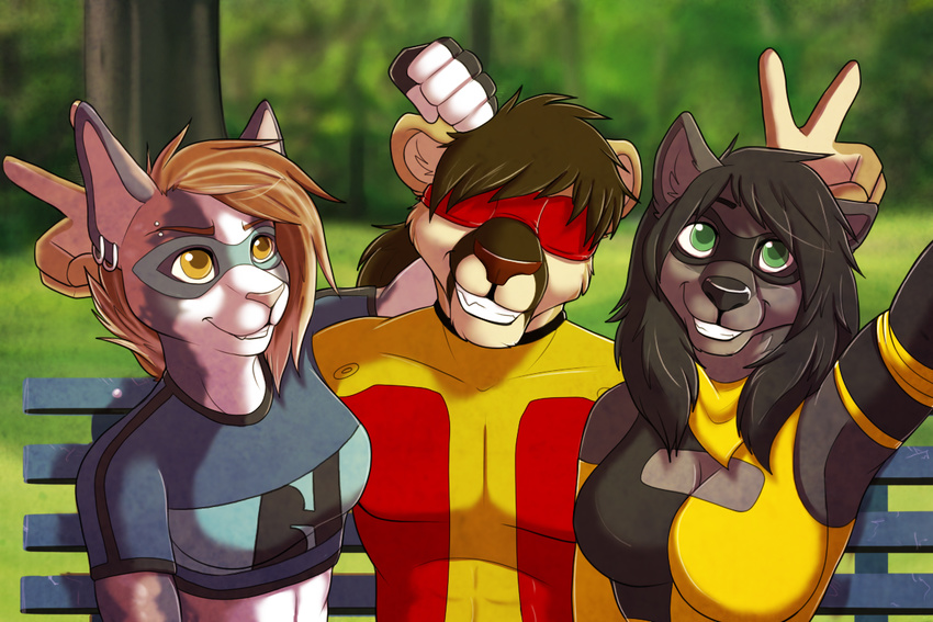 abs anthro bench black_hair breasts brown_hair canine cheek_tuft cleavage cleavage_cutout clothed clothing ear_piercing fcsimba feline female fur green_eyes group hair howler_(wolfrider) male mammal mask midriff muscles outside piercing scarf shifty_(bluwolf0) short_hair smile strikira tuft wolf yellow_eyes