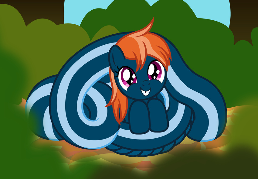 2015 absurd_res badumsquish equine fan_character fangs female ginger_hair hi_res horse lying mammal missing_tooth my_little_pony naga outside pony purple_eyes reptile scalie smile snake solo young