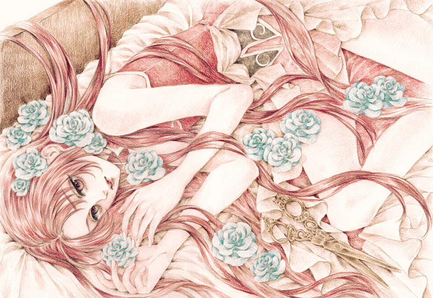 bare_shoulders colored_pencil_(medium) fingernails flower hair_down hands lips long_hair lying mahou_shoujo_madoka_magica parted_lips red_eyes red_hair rose sakura_kyouko scissors sleeveless solo traditional_media very_long_hair white_flower white_rose yukishiro_(hitsuji)