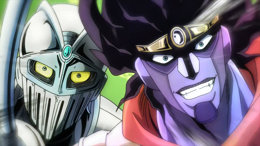 armor black_hair blue_eyes face gradient gradient_background jojo_no_kimyou_na_bouken looking_at_viewer male_focus multiple_boys no_ears no_humans nose rapier scarf shoulder_pads silver_chariot stand_(jojo) star_platinum yellow_eyes