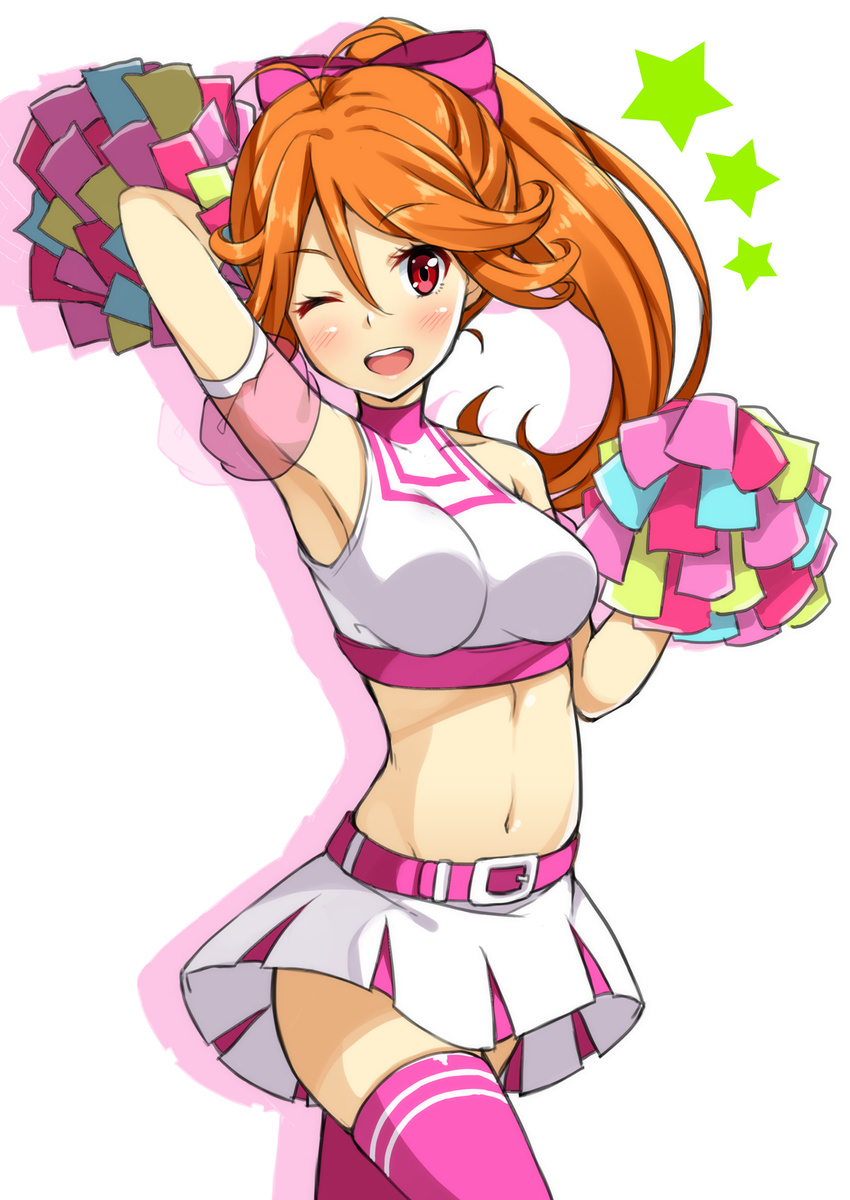 alternate_hairstyle antenna_hair arm_up armpits belt cheerleader cocoro_magical crop_top hair_ribbon highres long_hair looking_at_viewer midriff navel nectar_(fujiya) one_eye_closed open_mouth orange_hair pom_poms ponytail red_eyes ribbon skindentation solo star thighhighs tokyo_7th_sisters usuta_sumire