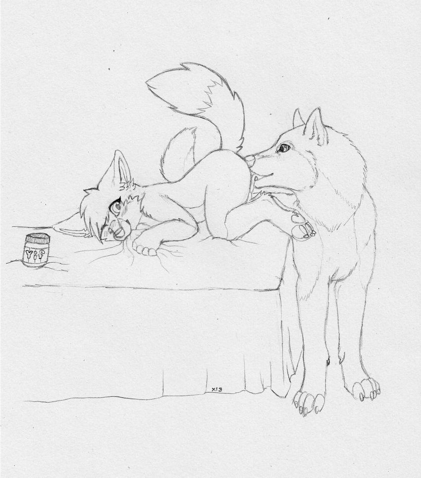 anthro anthro_on_feral bed bestiality bite butt canine cub cunnilingus curious dog duo female feral fox interspecies kailee_(x13) licking male male/female mammal monochrome nanuk_(x13) nude oral pawpads peanut_butter pet presenting presenting_hindquarters raised_tail sex tongue tongue_out vaginal x13 young