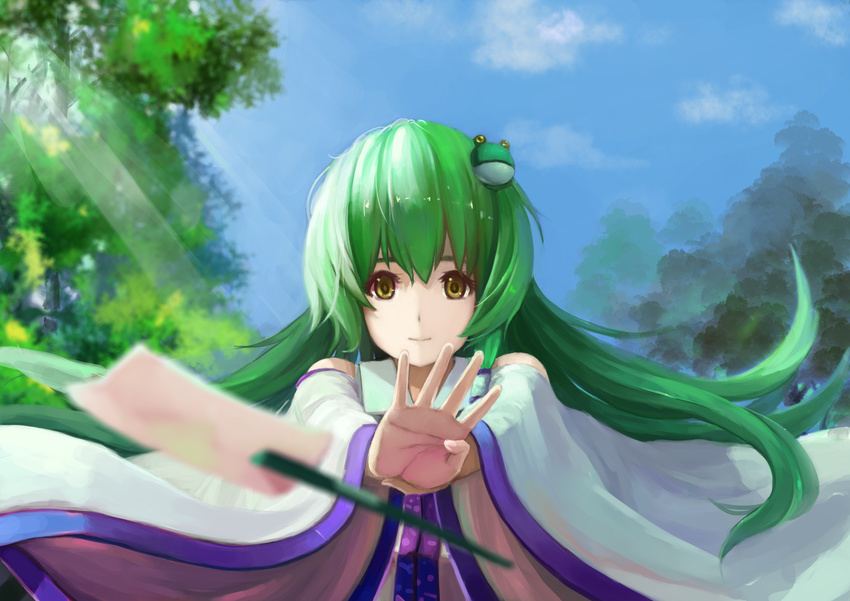 absurdres blue_sky blurry concentrating day depth_of_field detached_sleeves floating floating_hair floating_object forest frog_hair_ornament gohei green_hair hair_ornament hair_tubes highres hoshino_arika kochiya_sanae light_rays long_hair looking_at_viewer nature nontraditional_miko open_hand sky solo stance sunlight touhou tree upper_body very_long_hair yellow_eyes