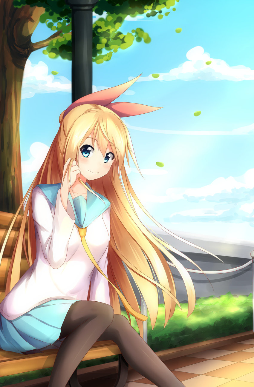 absurdres blonde_hair blue_eyes blue_skirt day hair_ribbon highres kirisaki_chitoge long_hair looking_at_viewer nisekoi onamae-kun ribbon school_uniform skirt sky solo thighhighs very_long_hair