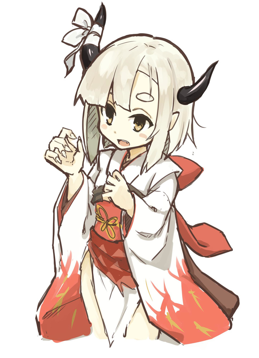 asymmetrical_bangs bad_id bad_twitter_id bangs blush blush_stickers bow fang fingernails highres horn_ribbon horns japanese_clothes kimono open_mouth original pointy_ears ribbon senhappyaku sharp_fingernails short_hair simple_background sketch solo swept_bangs thighs torn_clothes white_background white_hair yellow_eyes