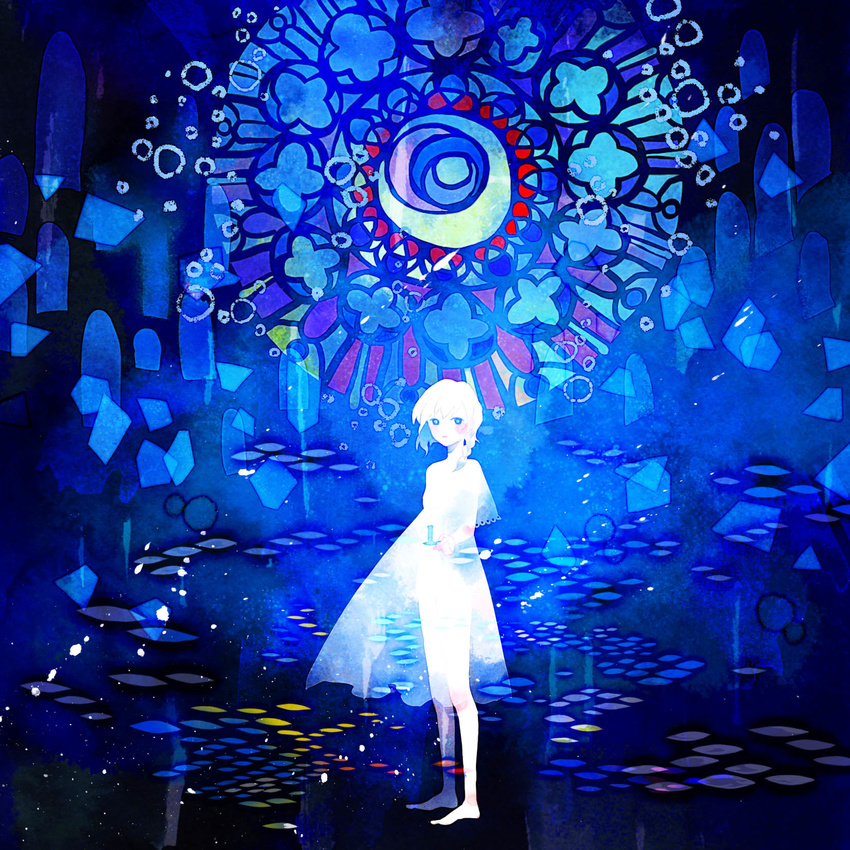 abstract album_cover barefoot blue blush candle cover highres holding lace-trimmed_sleeves original see-through_silhouette short_sleeves solo stained_glass standing yoshida_yoshitsugi