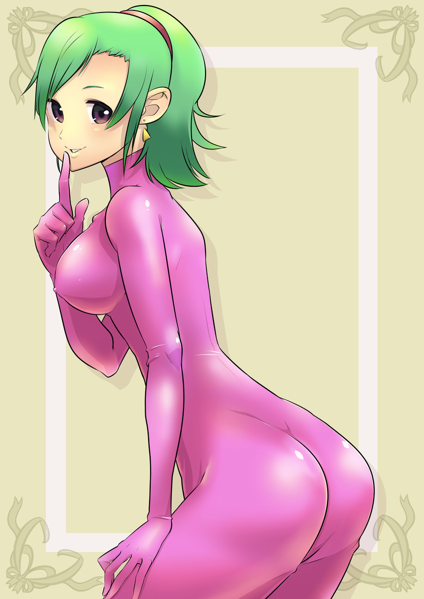 1girl ass bodysuit breasts camelot catsuit erect_nipples golden_sun green_hair hairband karis_(golden_sun) latex latex_suit looking_back pink ponytail rubber shiny_clothes simple_background skin_tight