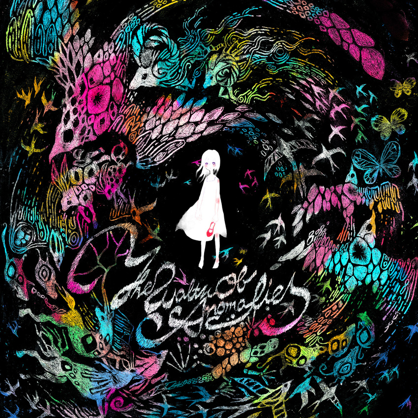 abstract album_cover barefoot bird black_background blush bright_pupils bug butterfly circle commentary_request cover deer dress highres insect lizard looking_at_viewer mouse original pumps purple_eyes red_footwear sheep shoes shoes_removed simple_background solo standing vocaloid white white_hair white_pupils white_skin yoshida_yoshitsugi
